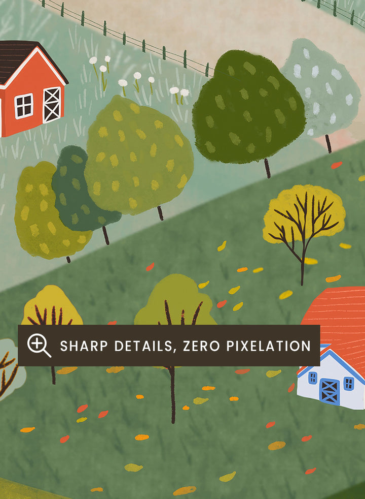 A framed art print featuring a whimsical, stylized illustration of a rolling green and yellow countryside landscape with red houses, colorful autumn trees, winding roads, and a pale blue sky. Vibrant Autumn Village Hills by Ceyda Alasar art print with rolling countryside, colorful fall trees, farmhouses, barns, sheep, and winding roads.