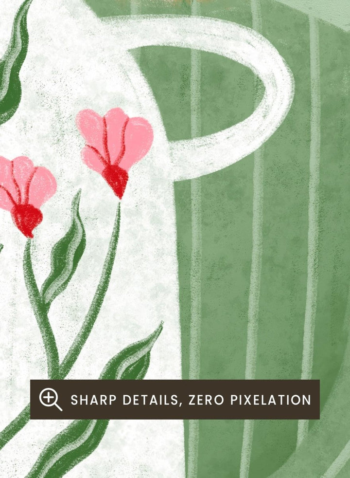 A framed art print featuring a stylized illustration of a woman with blonde hair holding a white apron decorated with pink flowers and green leaves, set against a sage green background. Woman Holding Flowers by Bea Müller premium framed fine art print featuring a woman carrying a white vase filled with pink flowers and green leaves.