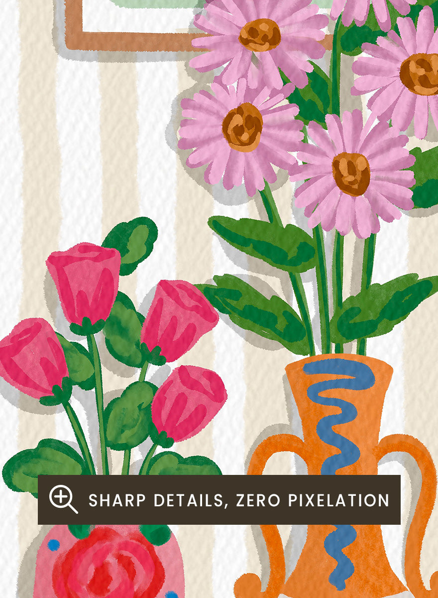 A colorful spring-themed floral wall display illustration featuring vases, framed art, hanging plants, and a sign reading &