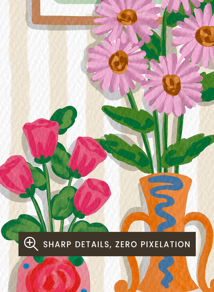 A colorful spring-themed floral wall display illustration featuring vases, framed art, hanging plants, and a sign reading &