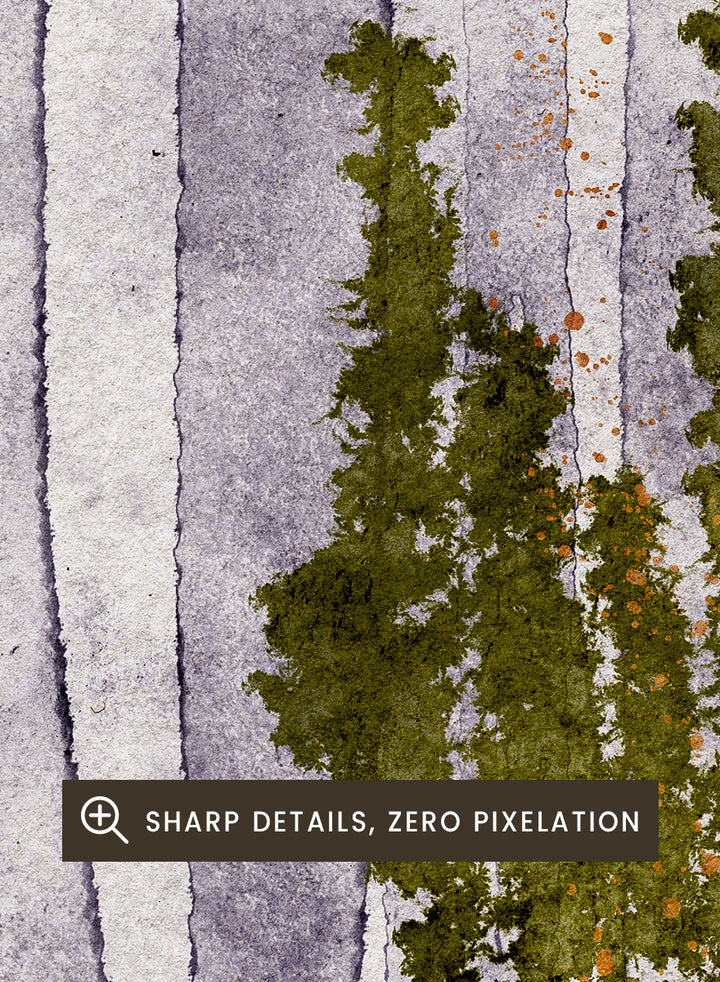 Shop Mossy Forest Abstract by Ankie Kooi, an abstract forest wall art print poster with watercolor trees, woodland art, green, purple, and cream.