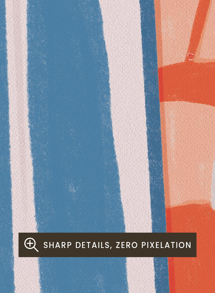 A stylized art print featuring a woman in an orange bikini partially obscured by vertical blue and white striped curtains. Woman Behind Stripes by Lisa Solomoniuk premium framed fine art print featuring a woman in a red bikini behind bold blue-and-white coastal stripes.