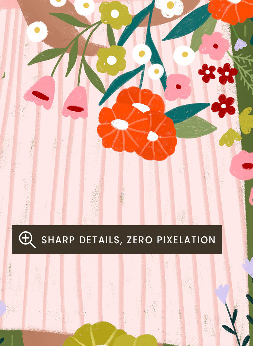 A framed art print featuring a stylized illustration of a person in a pink striped dress holding a bouquet of orange, red, and white flowers in a green field of wildflowers. Secret Garden Bouquet by Bea Müller floral art print featuring a woman gathering wildflowers in a colorful garden filled with poppies, daisies, and greenery.