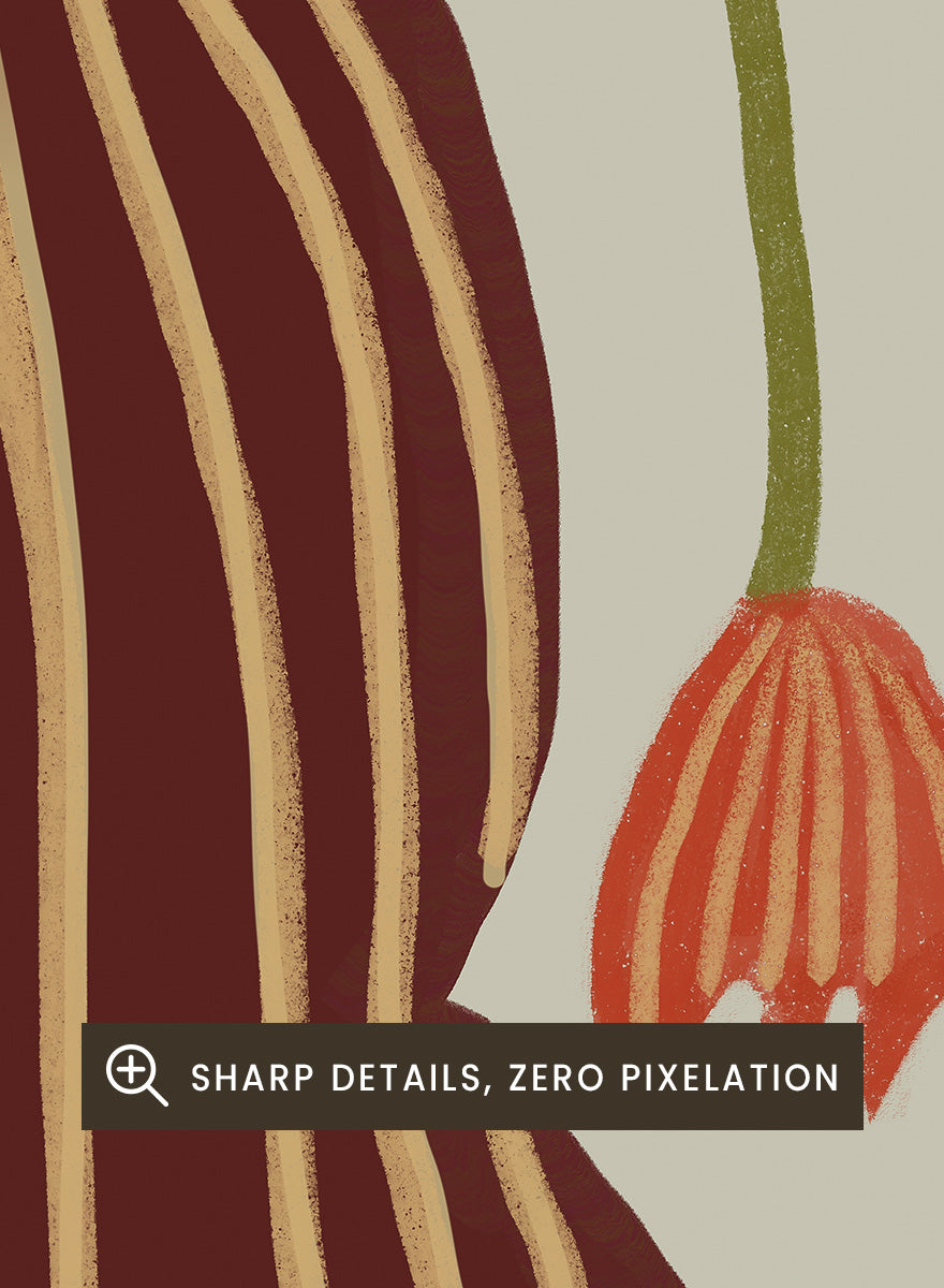A stylized botanical art print featuring a dark brown vase with vertical gold stripes and several trailing flowers in orange, pink, and olive green on a warm beige background. Striped Vase Drooping Flowers by The Art Concept art print featuring a burgundy striped vase and soft drooping blooms in warm earthy tones.