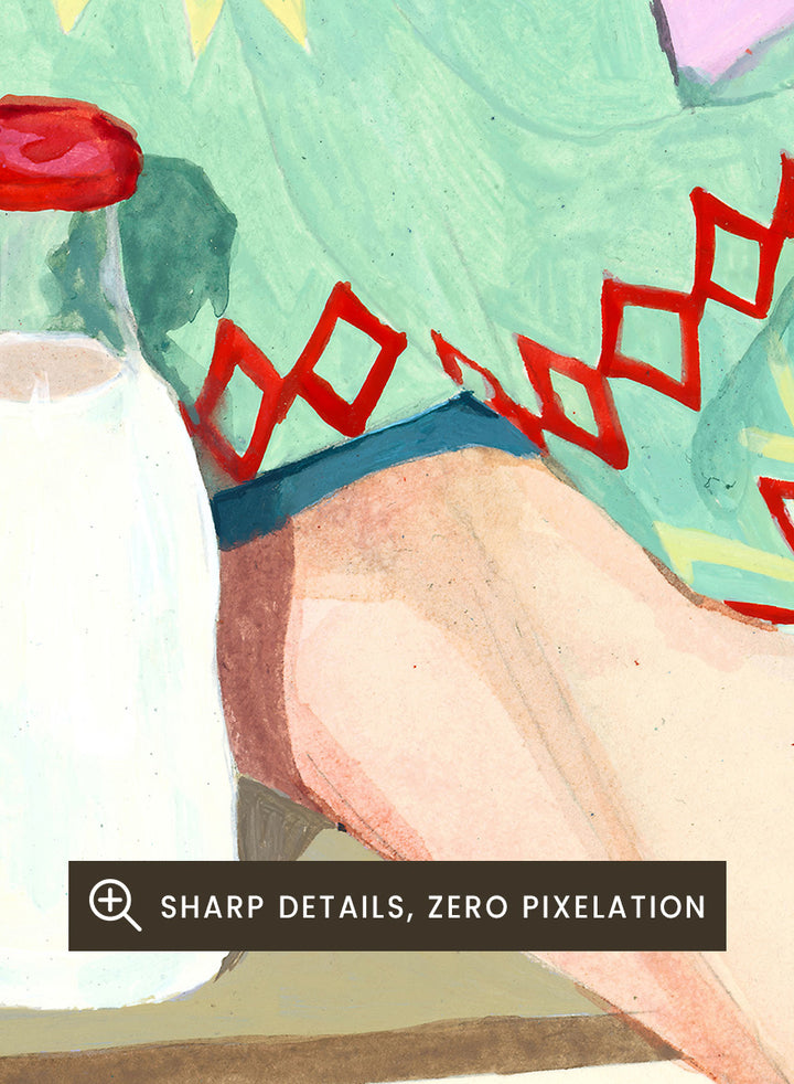 Shop Colorful Sweater Milk by Sophia Novosel, a modern figurative wall art print poster featuring a patterned sweater, milk bottle, crossed legs, and bold color.