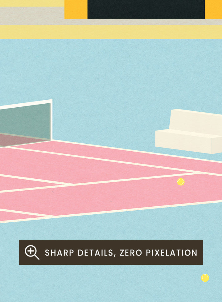 Simplified illustration of a tennis court with a small building and palm trees against a blue sky. Tennis By the Beach by Rosi Feist is a minimalist modern art print of a tennis court beside beach and palm trees. Officially licensed fine art poster with framing.