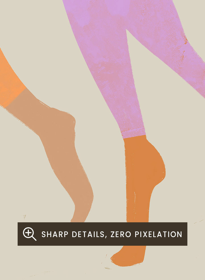 Abstract illustration of four stylized figures in various colors on a beige background. We The Giants by Arty Guava is a modern art print of four bold figures walking together, celebrating strength and sisterhood. Officially licensed wall poster.