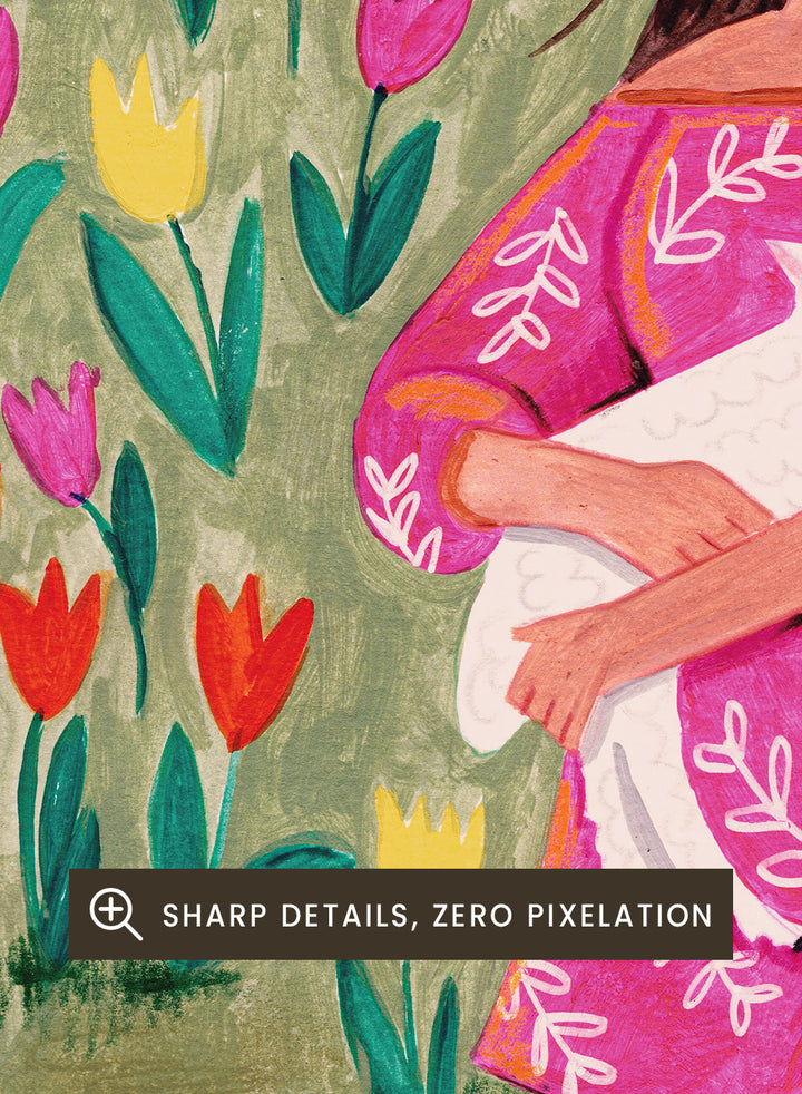 Woman holding a lamb in a field of flowers with a yellow sky and red sun. Woman Lamb Tulip Field by Caroline Bonne Müller is a fine art print and wall poster of a woman holding a lamb in a tulip field with a bright landscape.