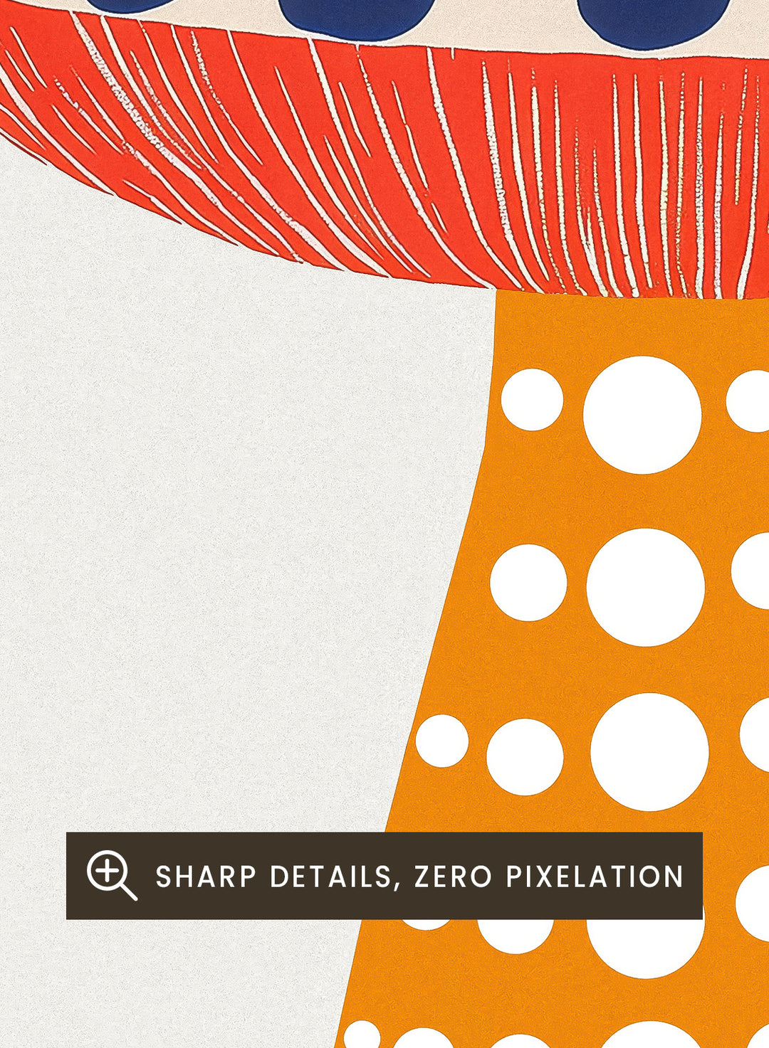 Illustration of a colorful mushroom with Japanese text on a white background. Mahō no Kinoko psychedelic fly agaric mushroom art print with Japanese typography, colorful botanical illustration poster and modern mushroom wall art.