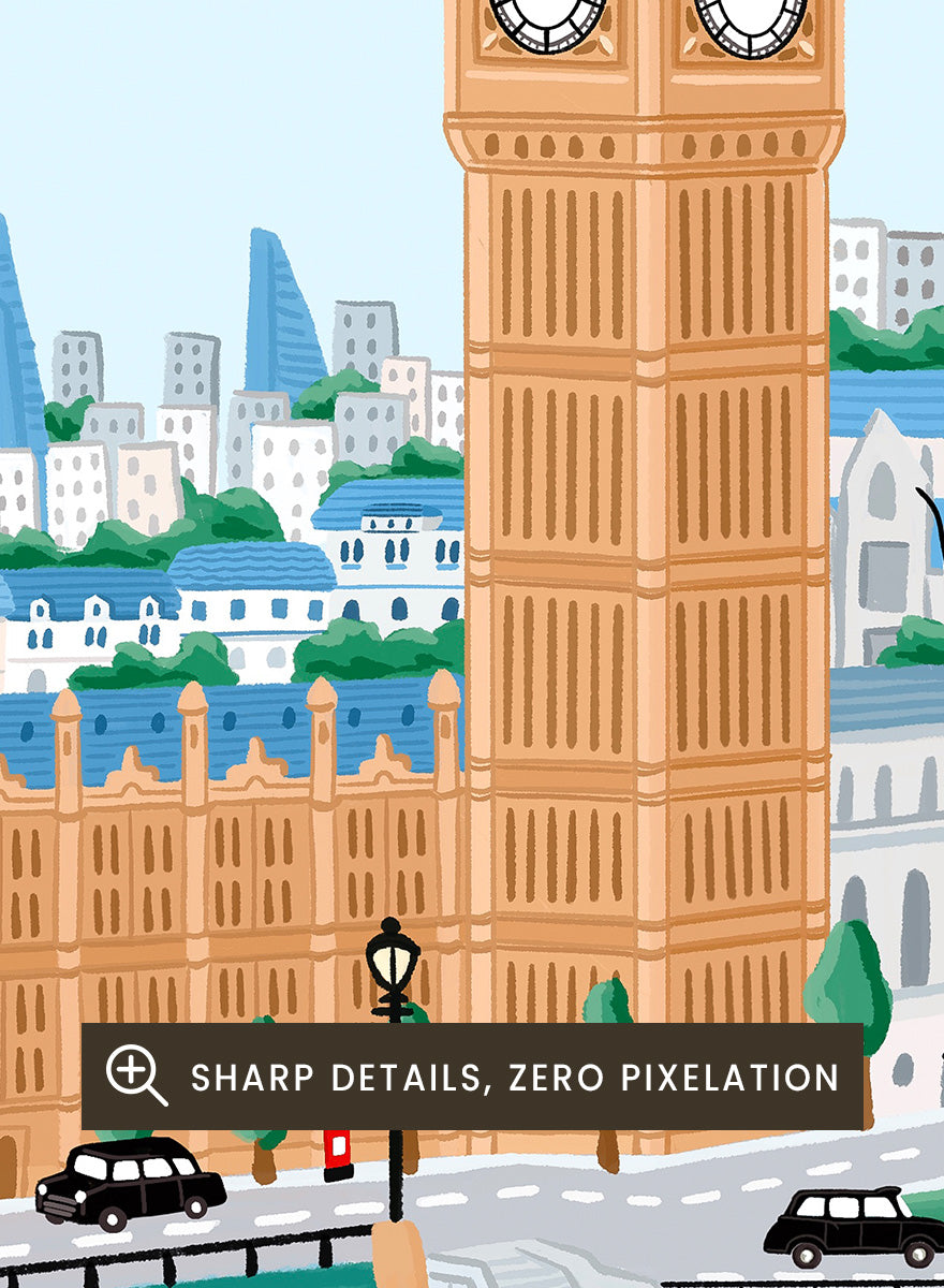 A colorful illustrated cityscape of London featuring Big Ben, the London Eye, red double-decker buses, a river boat, clouds, birds, and pink blossoms against a light blue sky. Shop Spring London Landmarks by Nidhi Kachhadiya, a colorful London wall art print featuring Big Ben, the London Eye, cherry blossoms, and bright spring city views.