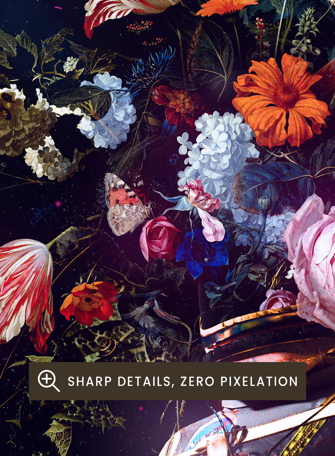 Person wearing a costume with floral headpiece against a dark background. Cosmic Garden Astronaut by Nicebleed is a surreal floral space art print featuring an astronaut with blooming flowers, modern aesthetic wall poster.