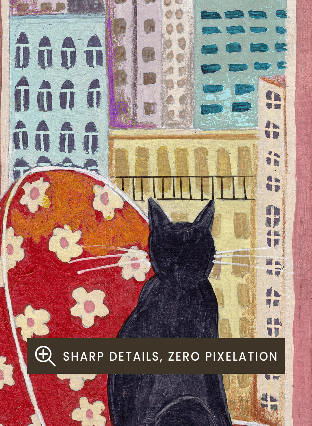 Colorful interior scene with a cat on a chair, books, and cityscape view. Black Cat City View by Caroline Bonne Müller is a fine art print and wall poster of a black cat by a window with city skyline and colorful interior.