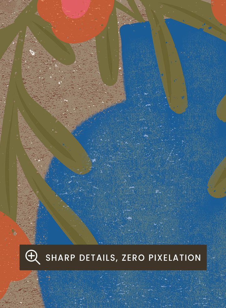 A stylized floral artwork showing orange flowers with pink centers and green stems arranged in a blue vase against a textured tan background. Shop Rustic Orange Floral Vase by Nikita Jariwala, a modern floral wall art print poster featuring a blue vase, orange flowers, and bold botanical style.