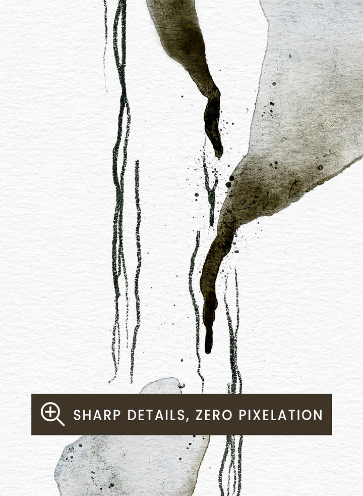 Abstract watercolor art print featuring three irregular, dripping white and gray forms on a white background, with small dark birds near the top. Shop Melting Ice And Birds by Ankie Kooi, a nature wall art print poster with abstract watercolor ice, flying birds, minimalist landscape art, blue, gray, and cream.
