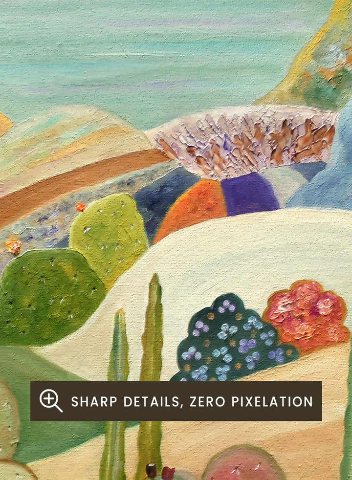 A colorful landscape painting featuring stylized cacti and succulents in a desert valley, with rolling hills, a pink mountain, and a blue sea or sky in the background. Shop Colorful Desert Yoga View by Angeles M. Pomata, a colorful desert landscape art print featuring cacti, rolling hills, a yoga figure, and coastal views.