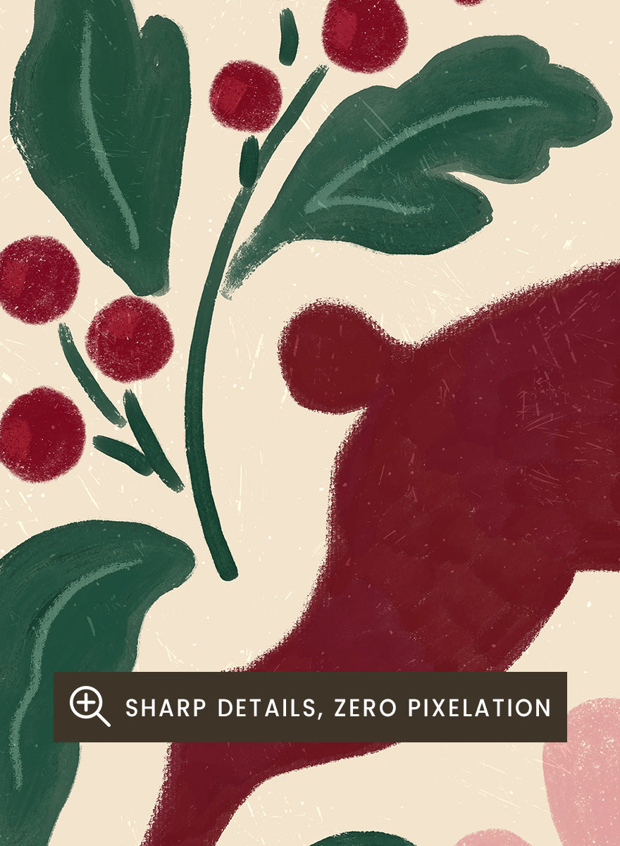 Shop Jumping Reindeer Joy by Katarzyna Gąsiorowska, a Christmas wall art print poster featuring a leaping reindeer, berries, greenery, stars, and festive holiday charm.