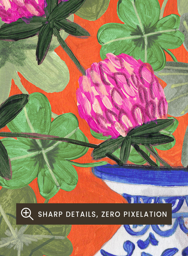 Vase with pink flowers and green leaves on a red and green striped background. Vibrant Clover Still Life by Caroline Bonne Müller is a fine art print and wall poster featuring clover leaves, pink flowers, and a blue vase on a striped table.