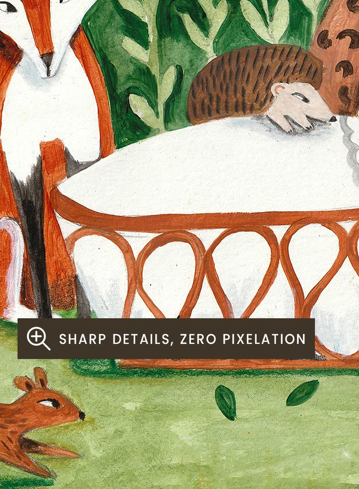 A framed art print featuring a whimsical forest illustration with animals gathered around a basket, surrounded by flowers and foliage. The print is shown with a white mat and a black frame against a white background. Welcome to the Forest by Caroline Bonne Müller woodland animal art print featuring a baby surrounded by a leopard, fox, deer, cat, flowers, and forest life.