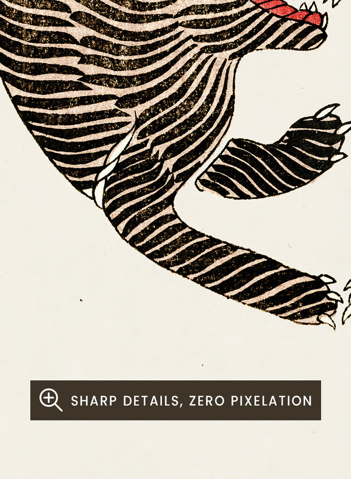 Tigers Yatsuo no Tsubaki by Taguchi Tomoki is a vintage Japanese art print featuring striped tigers, floral motifs, and traditional woodblock illustration.