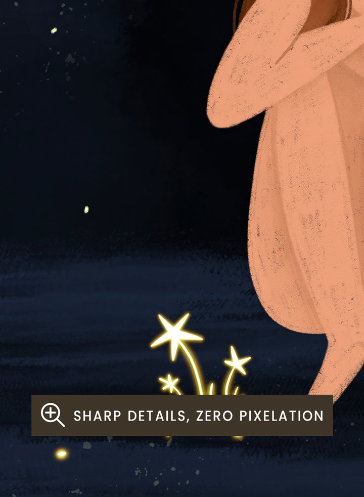 A framed art print featuring a whimsical illustration of a girl sitting on a dark blue starry night sky. Shop Starlit Solitude by Bea Müller, a figurative wall art print poster featuring a solitary woman beneath a star-filled night sky in deep blue tones.