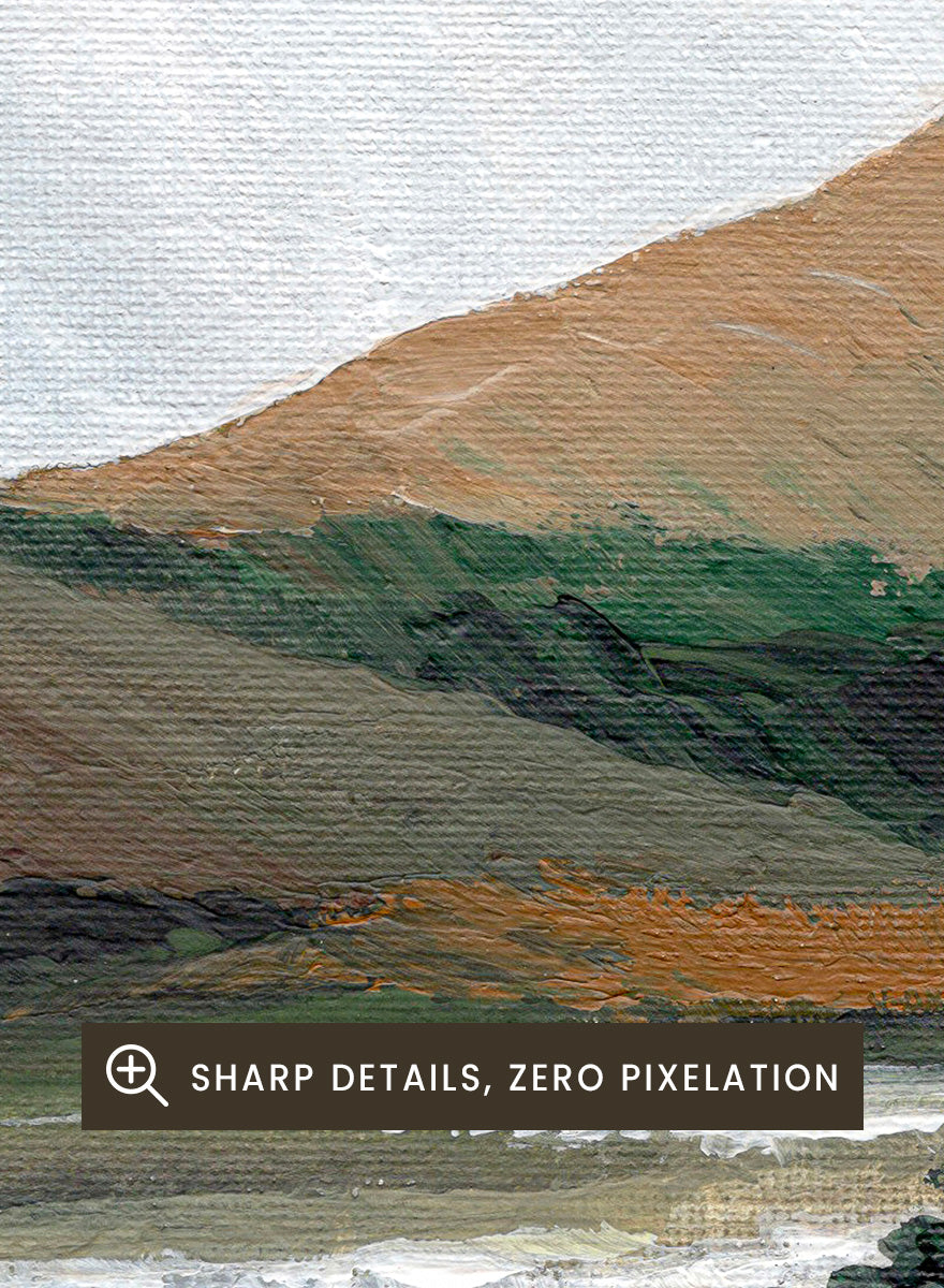 An impressionistic landscape painting of a river or waterfall flowing through a valley, with brown and green hills under a pale sky. Shop Serene Mountain Lake by Nikita Jariwala, a mountain landscape wall art print poster featuring a peaceful lake, wooded hills, and soft green tones.