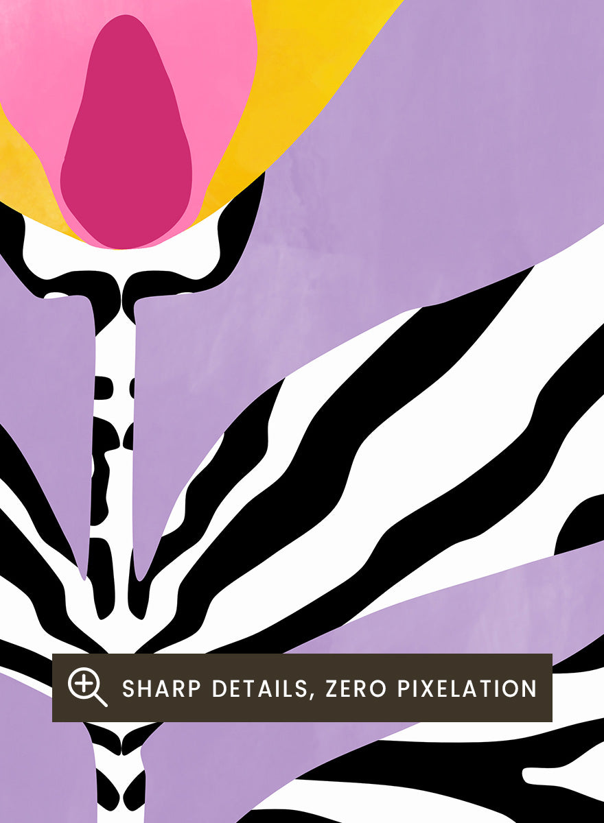 Shop Modern Zebra Flower by Elena Ristova, a colorful floral wall art print poster featuring zebra-striped leaves, a yellow-pink bloom, lavender, and green checks.