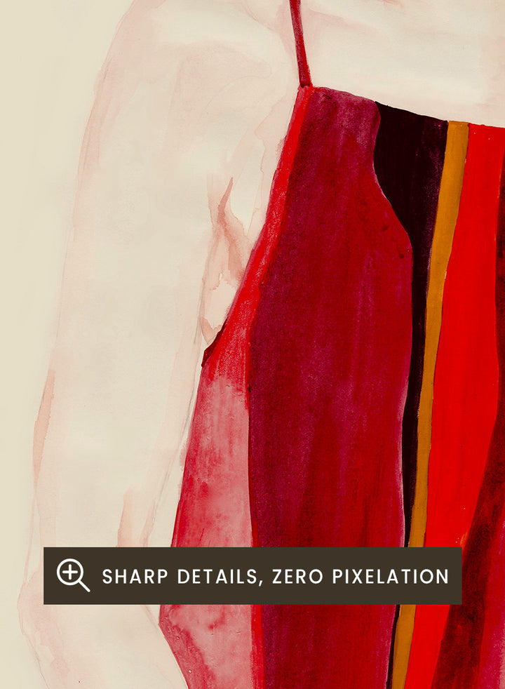 Shop Red Dress Portrait by Sophia Novosel, a modern female portrait wall art print poster featuring a woman in a red striped dress with soft pink hair.