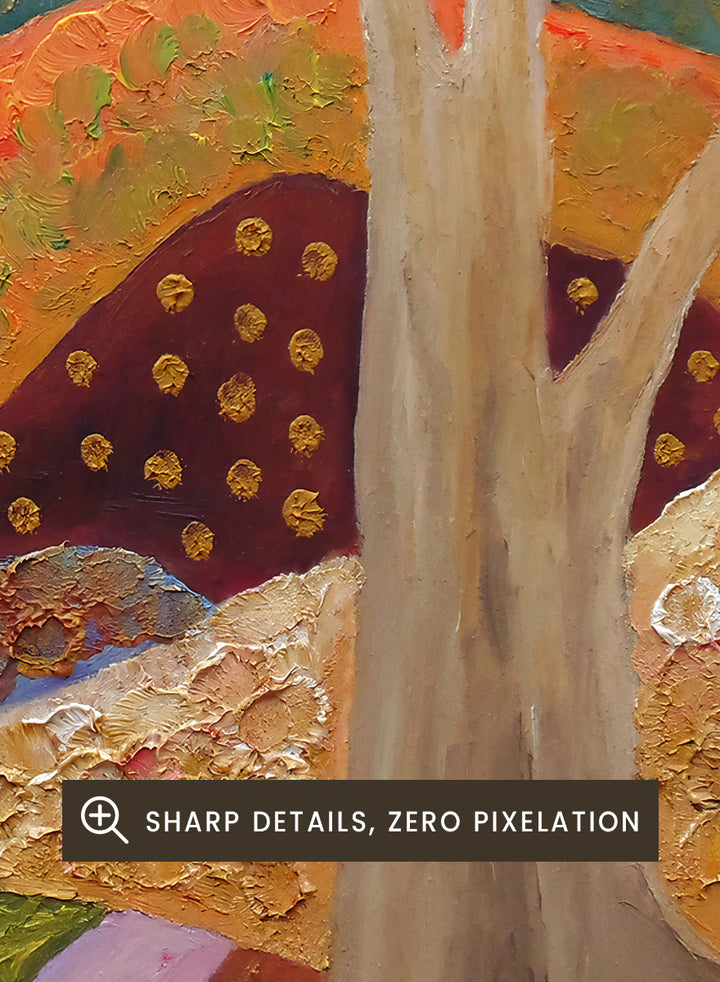 A colorful landscape painting featuring stylized trees, a winding path, patchwork fields, and rolling hills in warm and cool tones, with a visible artist signature in the lower right. Shop Colorful Field Path by Angeles M. Pomata, an autumn landscape art print featuring a winding path, textured fields, flowers, and rolling countryside.