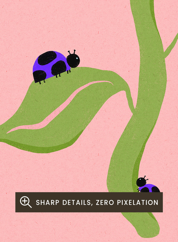 A stylized art print featuring a large flower with a yellow and orange striped bloom, green stem and leaves, and two ladybugs on a pink background with a multicolor border. Shop Pastel Flower Ladybugs by Dirkie Nell, a playful floral and insect art print featuring an oversized pastel flower, purple ladybugs, and a colorful retro border.