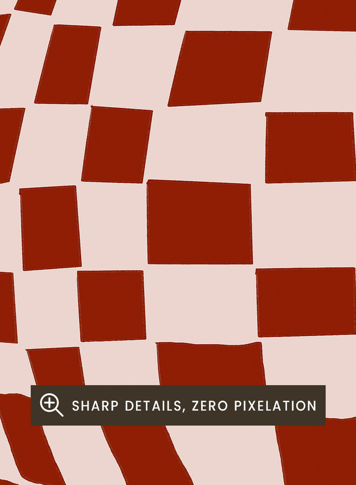 A stylized graphic illustration of a vase with a red and cream checkerboard pattern, set against a dark blue background. Optical Checkered Vase by The Art Concept is a modern still life art print featuring a red checkered vase on a deep blue background in a bold graphic style.