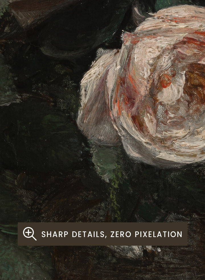 Shop Still Life with Roses by Henri Fantin-Latour, a vintage floral wall art print poster featuring pale roses against a rich brown background.