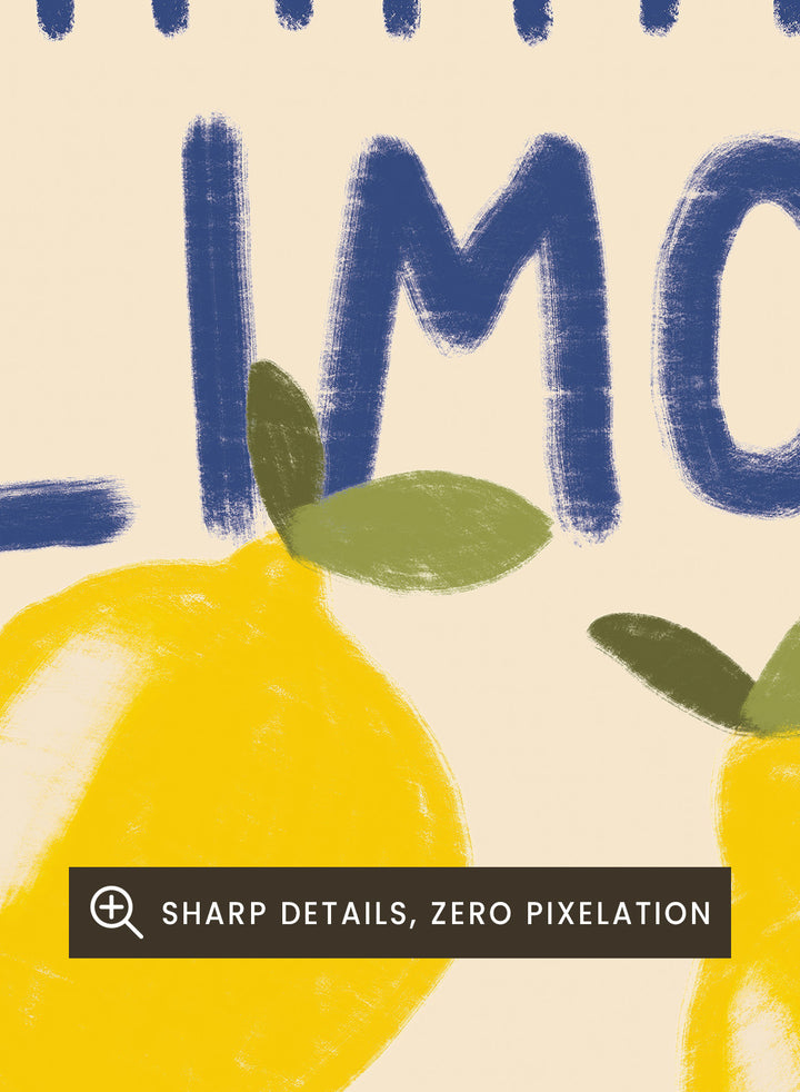 An art print featuring three yellow lemons with green leaves on a cream background, framed by a blue dotted border. The words &