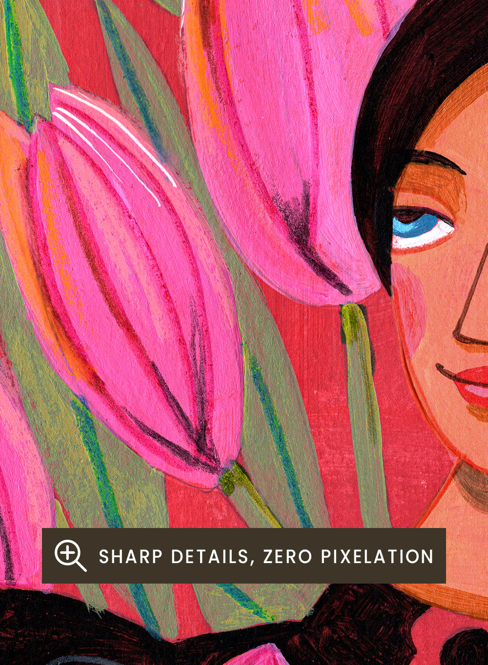 Illustration of a woman with floral dress and pink tulips on a red background. Woman portrait art print surrounded by pink tulips on a red background by Caroline Bonne Müller. Colorful floral illustration wall poster, officially licensed.