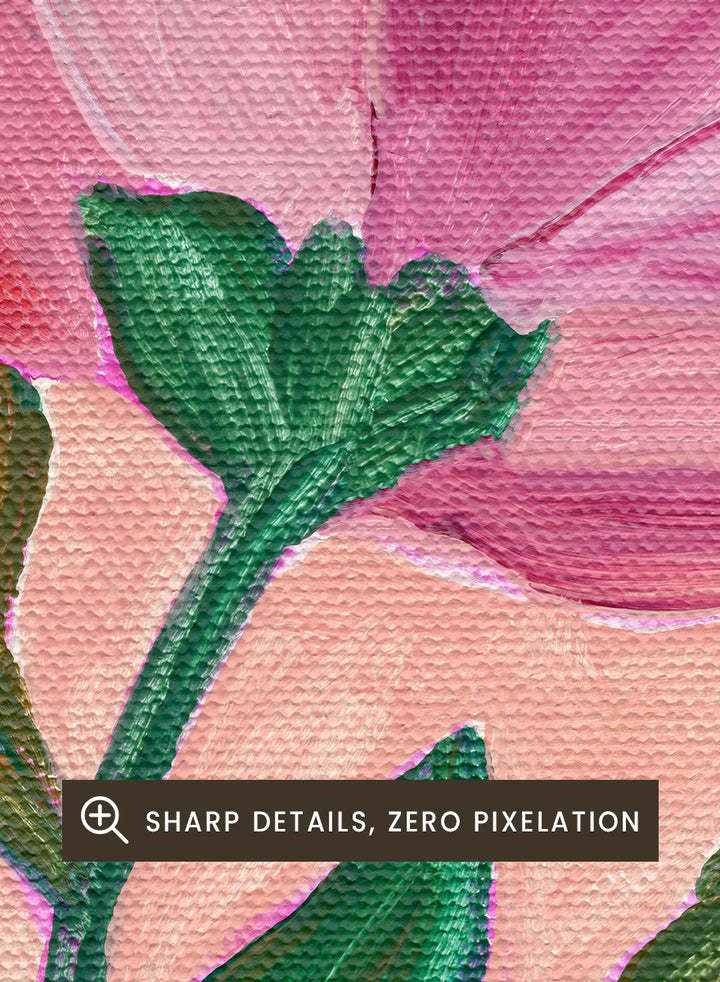 Shop Vibrant Pink Blooms No.2 by Nikita Jariwala, a floral wall art print poster featuring oversized pink flowers and lush modern botanical artwork.