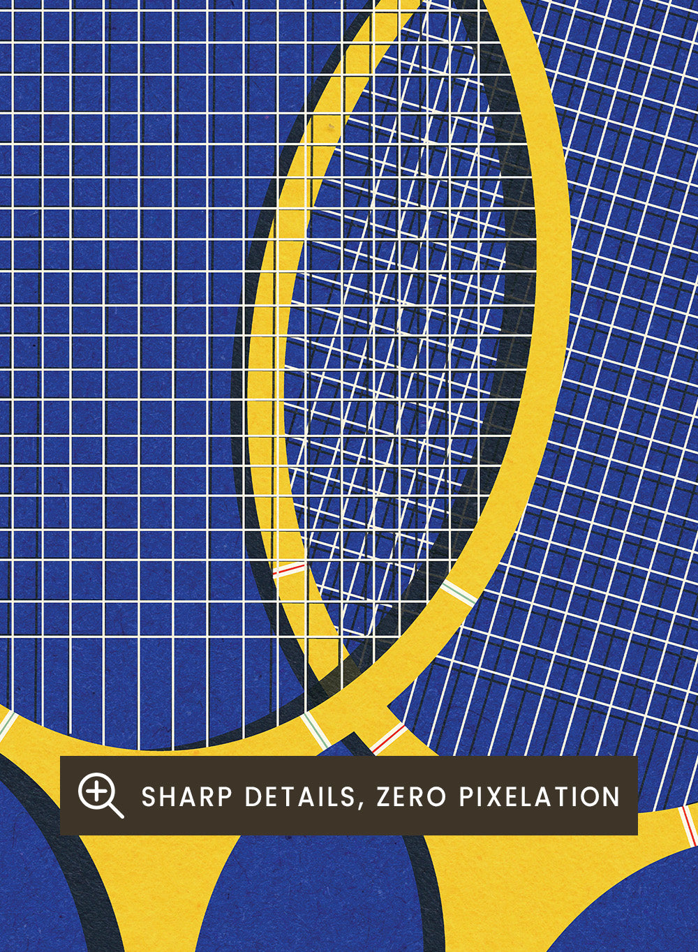 Two yellow badminton rackets on a blue background with a white stripe at the bottom. Wooden Badminton Rackets by Rosi Feist is a modern minimalist fine art print featuring bold yellow rackets on a graphic blue court. Officially licensed wall poster with optional artisan framing.