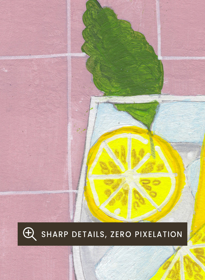 Illustration of a gin and tonic with lemon slices and a straw on a tiled background. Refreshing Gin Tonic by Caroline Bonne Müller is a fine art print and wall poster of a gin and tonic with lemon slices, mint leaf, ice, and pink tile background.