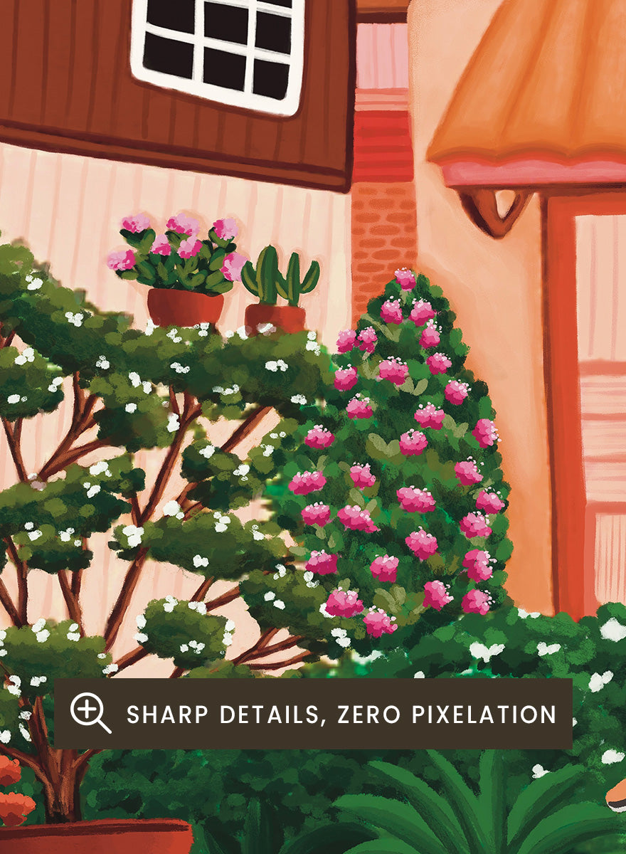 A colorful illustrated street scene with pink and peach buildings, green plants, flowers, a bicycle in the foreground, and a pale sky with a red sun. Shop Charming Village Street by Nidhi Kachhadiya, a colorful village wall art print featuring a bicycle, flower-filled homes, terracotta roofs, and warm pink and green tones.