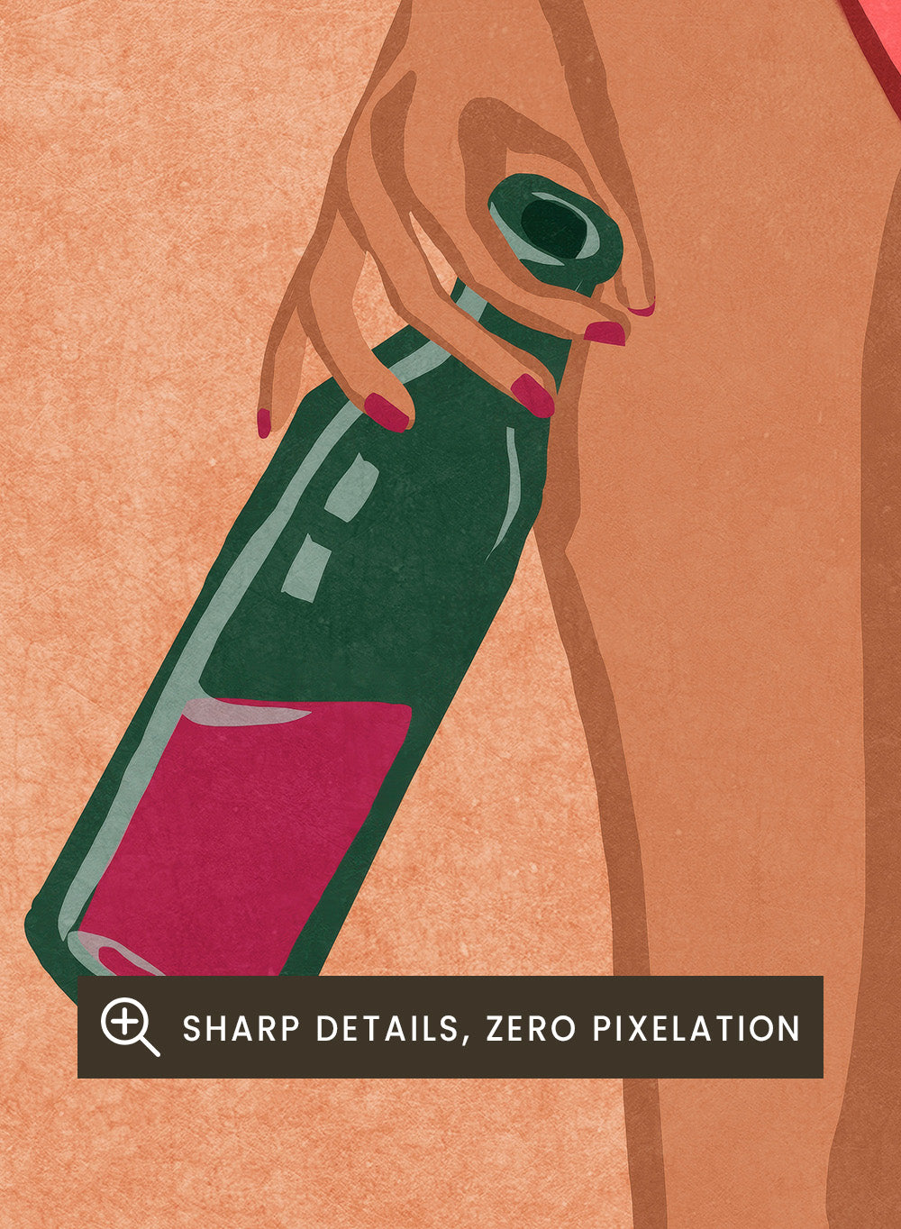 Illustration of a person's legs wearing pink socks with text, holding a bottle and a glass on a peach background. Wine and Socks by Raissa Oltmanns is a modern woman art print featuring wine bottle and glass in bold contemporary wall poster style.