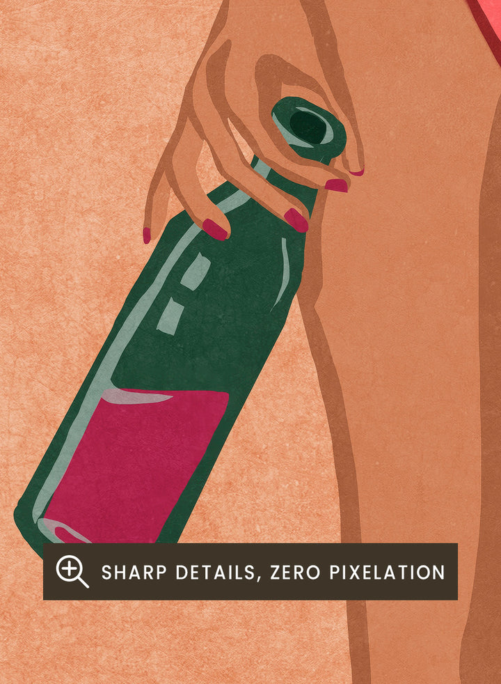 Illustration of a person's legs wearing pink socks with text, holding a bottle and a glass on a peach background. Wine and Socks by Raissa Oltmanns is a modern woman art print featuring wine bottle and glass in bold contemporary wall poster style.