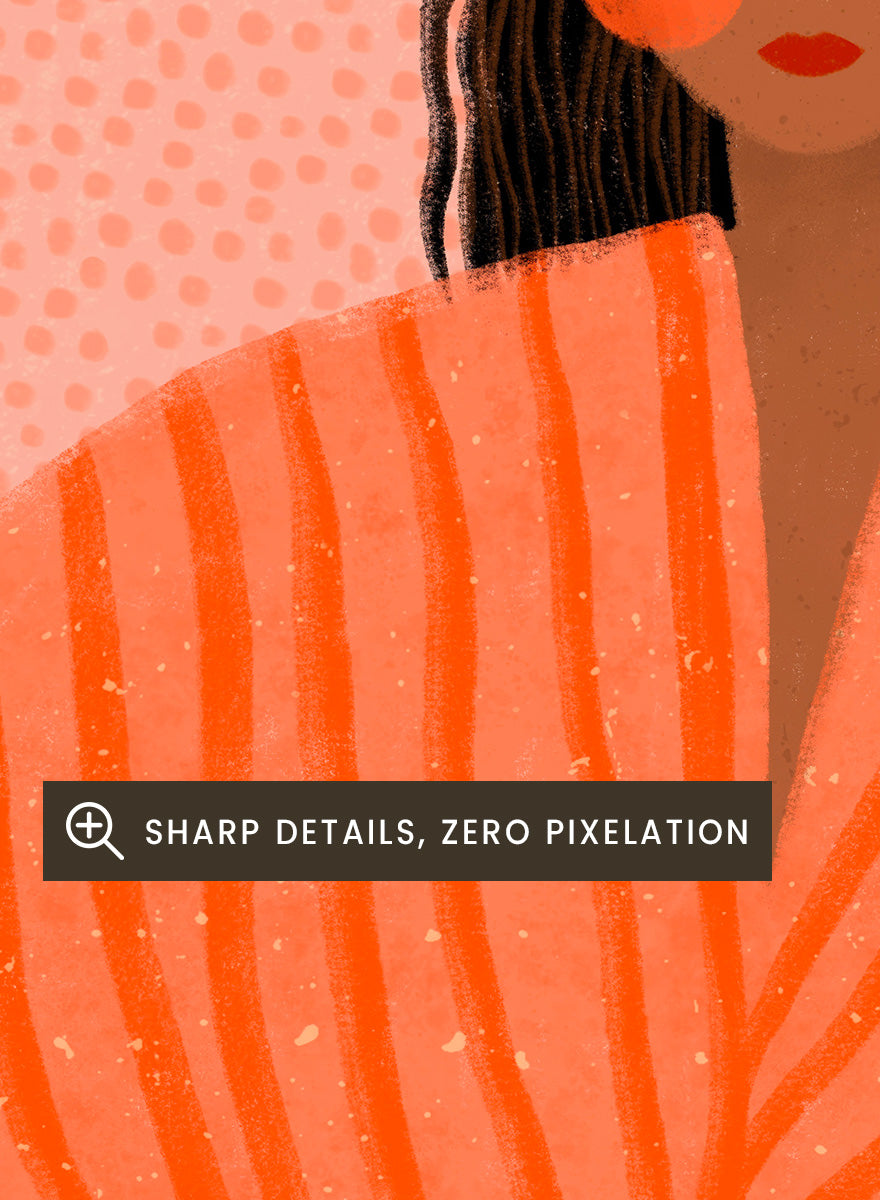 A stylized art print featuring a woman with dark hair wrapped in a bright orange striped blanket, holding a white plate of oranges against a pink dotted background. Woman Holding Oranges by Bea Müller colorful kitchen art print featuring a woman carrying fresh citrus fruit in warm orange and coral tones.