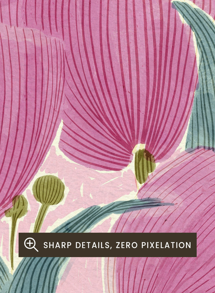 A framed art print featuring a stylized illustration of pink tulips with textured green leaves on a light cream background. Shop Pink Tulips by Katie O&