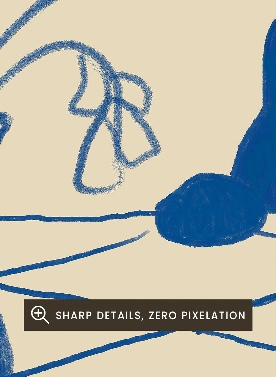 A stylized blue line-art illustration of a cat peeking over a table with a wine glass, flowers, and food, rendered in a cream background. Curious Blue Cat Dinner by The Art Concept is a playful cat art print featuring a peeking blue cat, table setting, flowers, and bold linework.