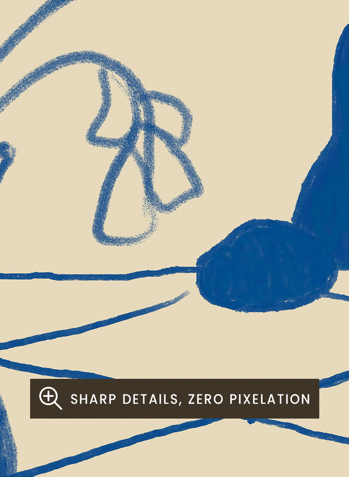 A stylized blue line-art illustration of a cat peeking over a table with a wine glass, flowers, and food, rendered in a cream background. Curious Blue Cat Dinner by The Art Concept is a playful cat art print featuring a peeking blue cat, table setting, flowers, and bold linework.
