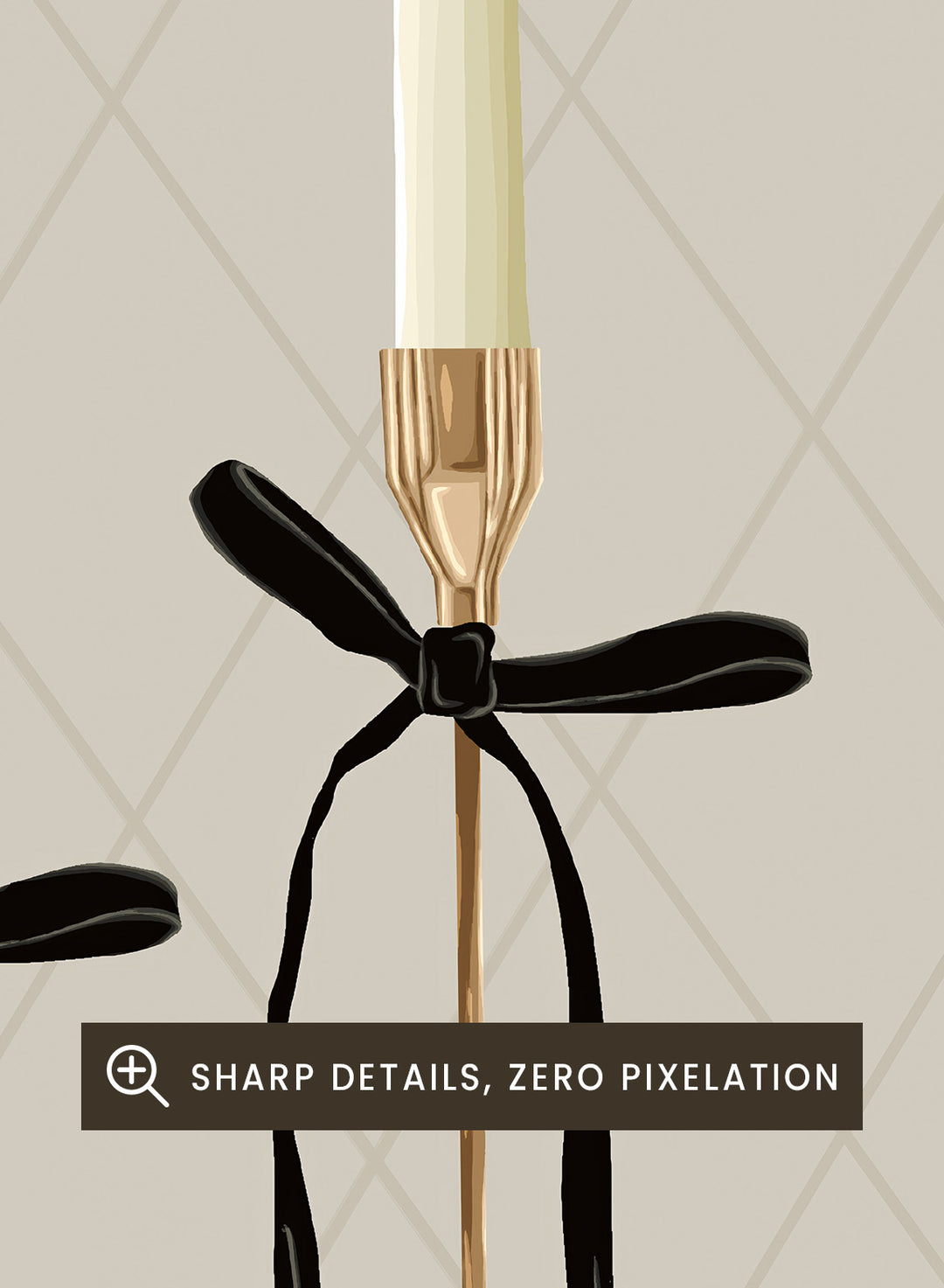 Three gold taper candle holders with cream candles and black ribbon bows, arranged on a light gray surface against a beige diamond-patterned background. Elegant Gold Taper Candles by Lisa Solomoniuk premium framed fine art print featuring gold candlesticks, cream tapers, and long black ribbons.