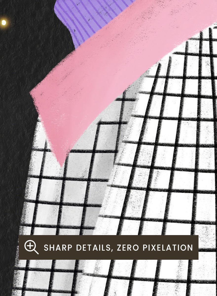 A framed art print featuring a stylized illustration of a woman in profile wearing a white and black checkered cape and a lavender headscarf against a black starry background. Shop Woman Under Starry Night by Bea Müller, a figurative wall art print poster featuring a contemplative woman beneath a star-filled black night sky.