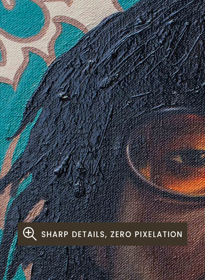 A portrait painting of a Black man with dreadlocks and round glasses, wearing a blue patterned shirt with white stripes and a red collar, set against a teal and beige floral background. Shop Stylish Man in Anime Jersey by Damilare Jamiu, a contemporary portrait art print blending anime fashion, bold blue color, amber glasses, and ornate pattern.