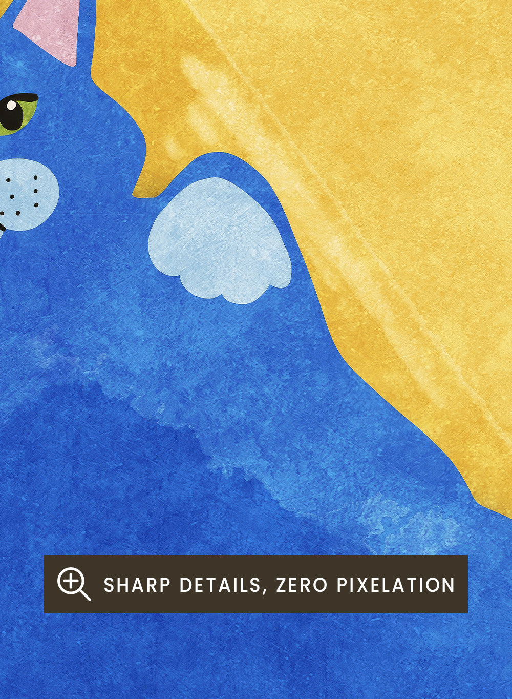 Blue cat illustration on a yellow textured background. Fat Cat by Raissa Oltmanns is a modern cat art print featuring a bold blue feline on yellow background in contemporary wall poster style.