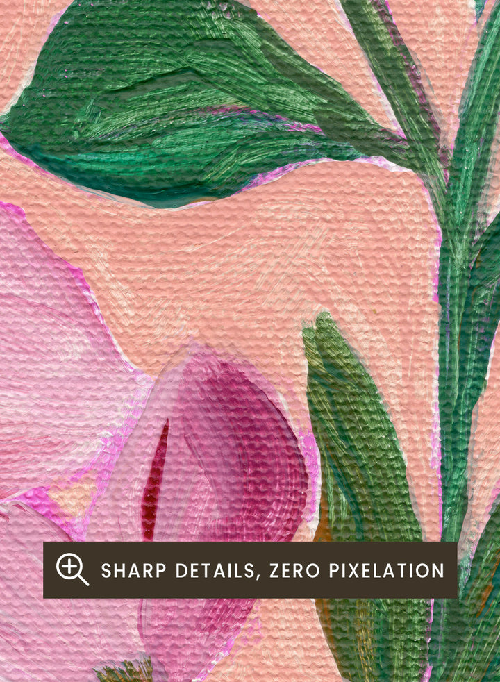 Shop Vibrant Pink Blooms by Nikita Jariwala, a floral wall art print poster featuring oversized pink flowers, lush green leaves, and a bold botanical composition.