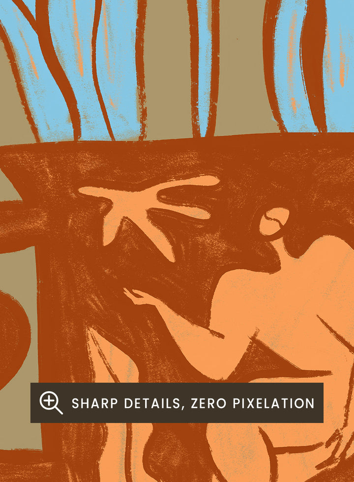 Decorative illustration of a vase with floral design and hands holding it, on a beige background. Vessel Collection: Growth by Arty Guava art print, modern vase wall poster with botanical illustration, contemporary minimalist line artwork.