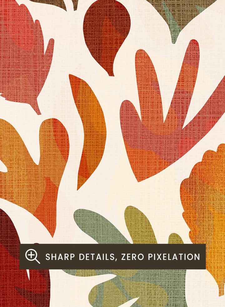Shop Earthy Organic Leaves by Dominique Vari, an autumn botanical wall art print poster featuring abstract fall leaves in orange, red, olive, mustard, and warm earthy tones.